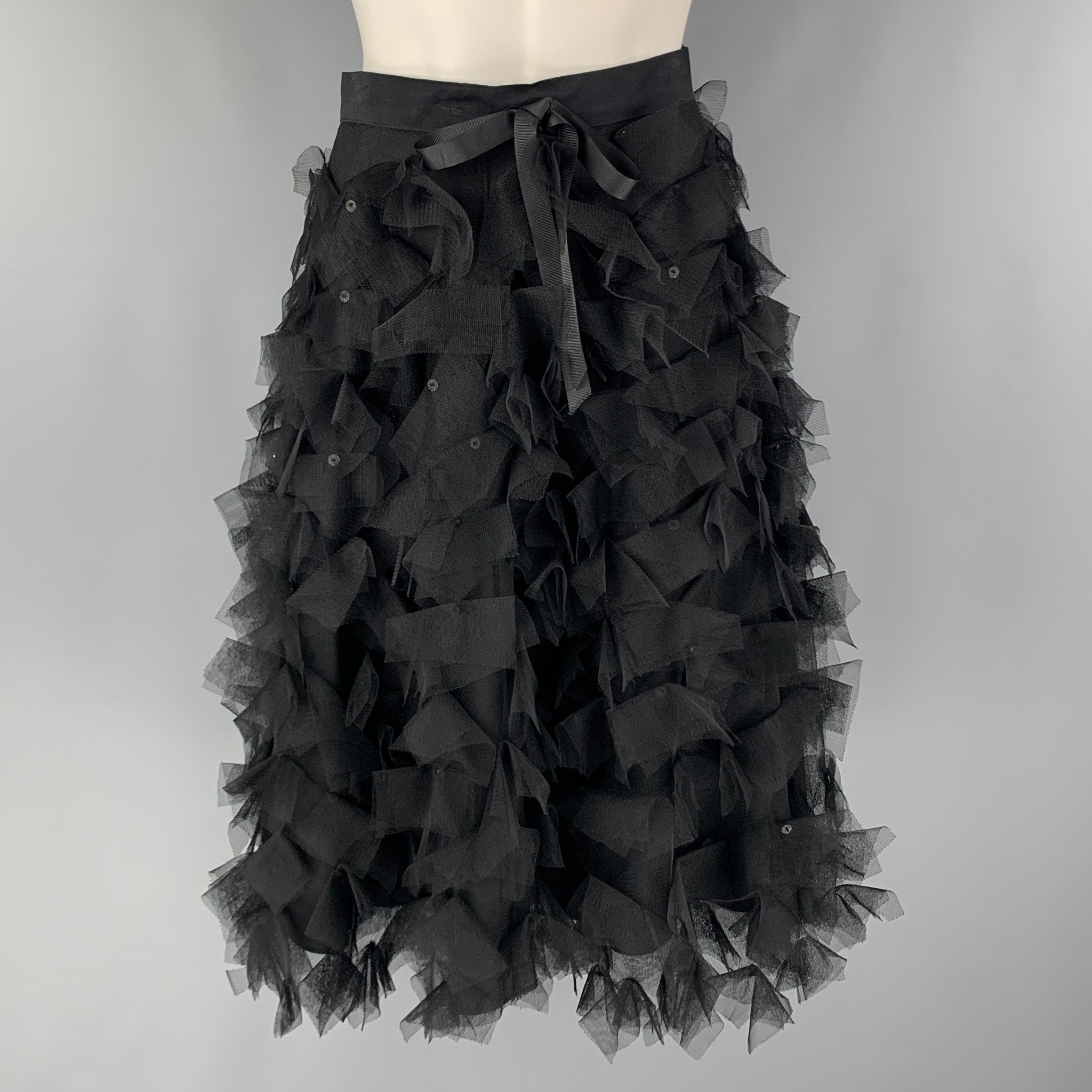 Monique Lhuillier Black Nylon Mesh A-Line Skirt